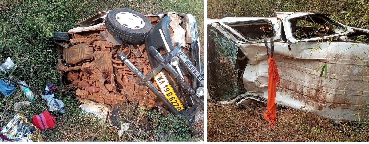 ಭೀಕರ ರಸ್ತೆ ಅಪಘಾತ – ಕಾರು ಪಲ್ಟಿ: ಮೂವರಿಗೆ ಗಂಭೀರ ಗಾಯ