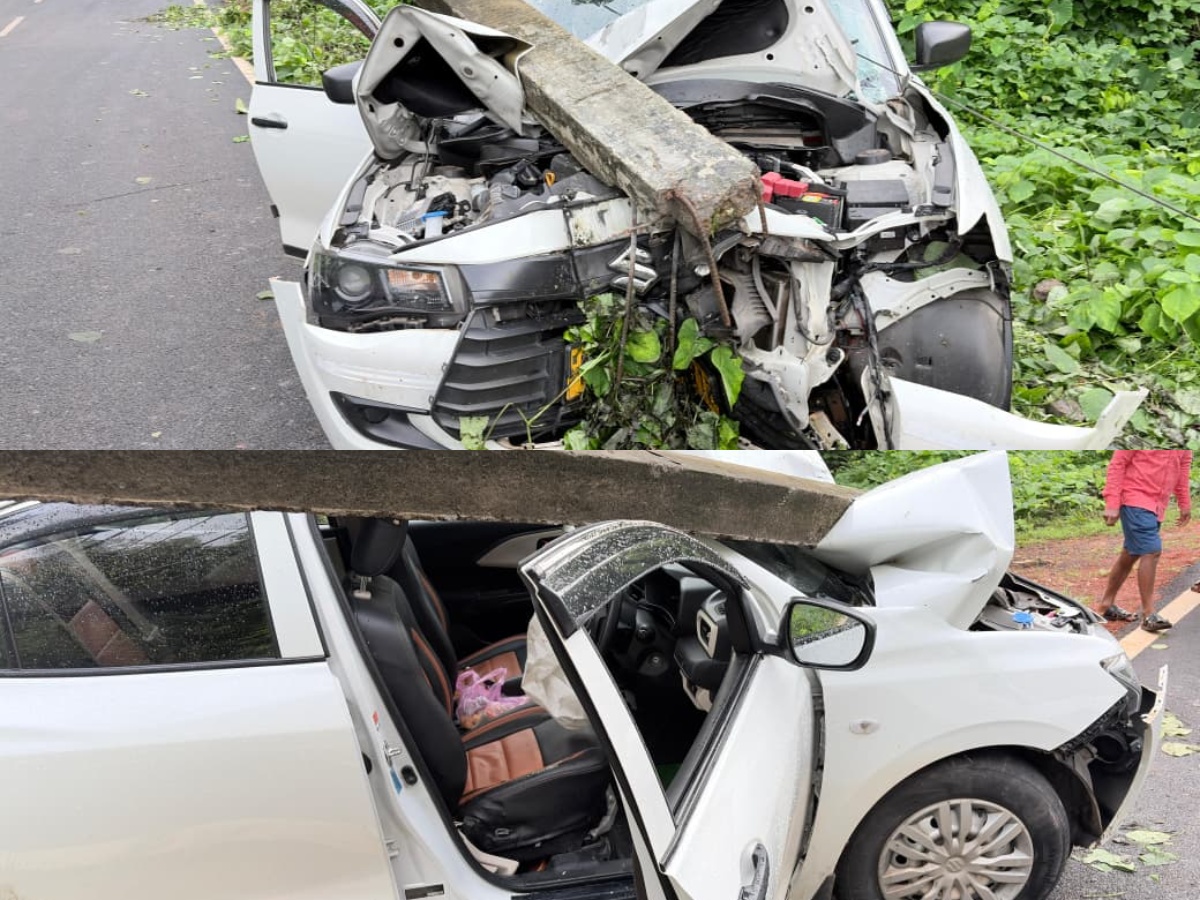 ವಿದ್ಯುತ್ ಕಂಬಕ್ಕೆ ಕಾರು ಢಿಕ್ಕಿ; ನಜ್ಜುಗುಜ್ಜಾದ ಕಾರು – ಅಪಾಯದಿಂದ ಪಾರಾದ ಪ್ರಯಾಣಿಕರು