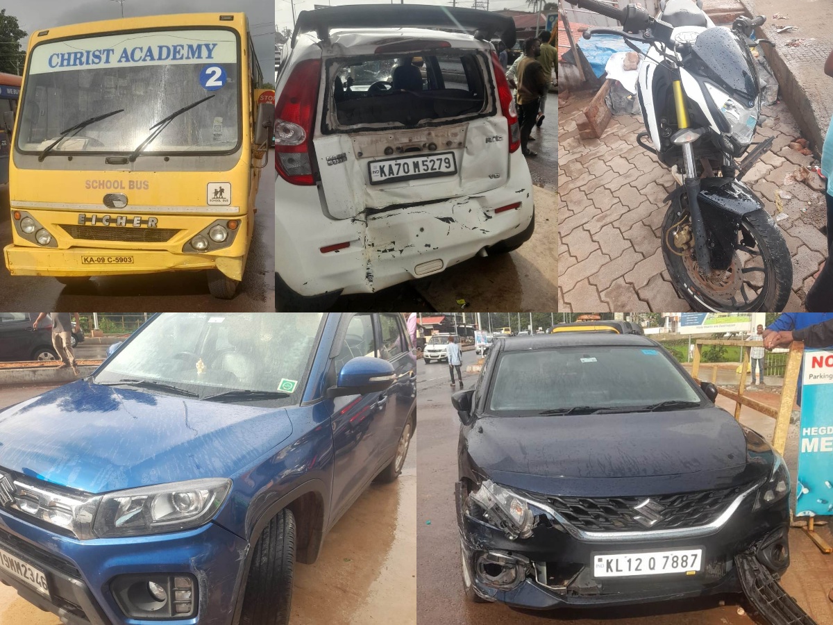 ಉಜಿರೆ: ನಿಯಂತ್ರಣ ತಪ್ಪಿದ ಶಾಲಾ ಬಸ್; ಮೂರು ಕಾರು, ಬೈಕ್ಗೆ ಡಿಕ್ಕಿ